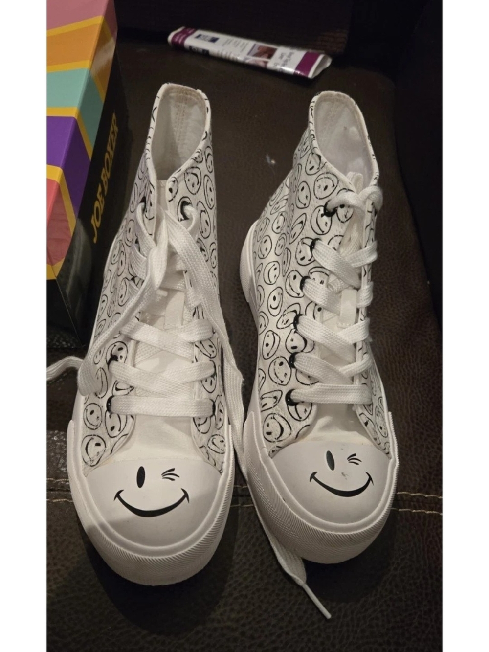 Joe Boxer Shoes Kids Size 5 Smiley Face High Top Canvas Fun Print Sneakers B17